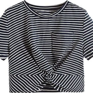 Causal Twist Knot Front Pocket Short Sleeve Crop Top Tee Shirt MEDIUM